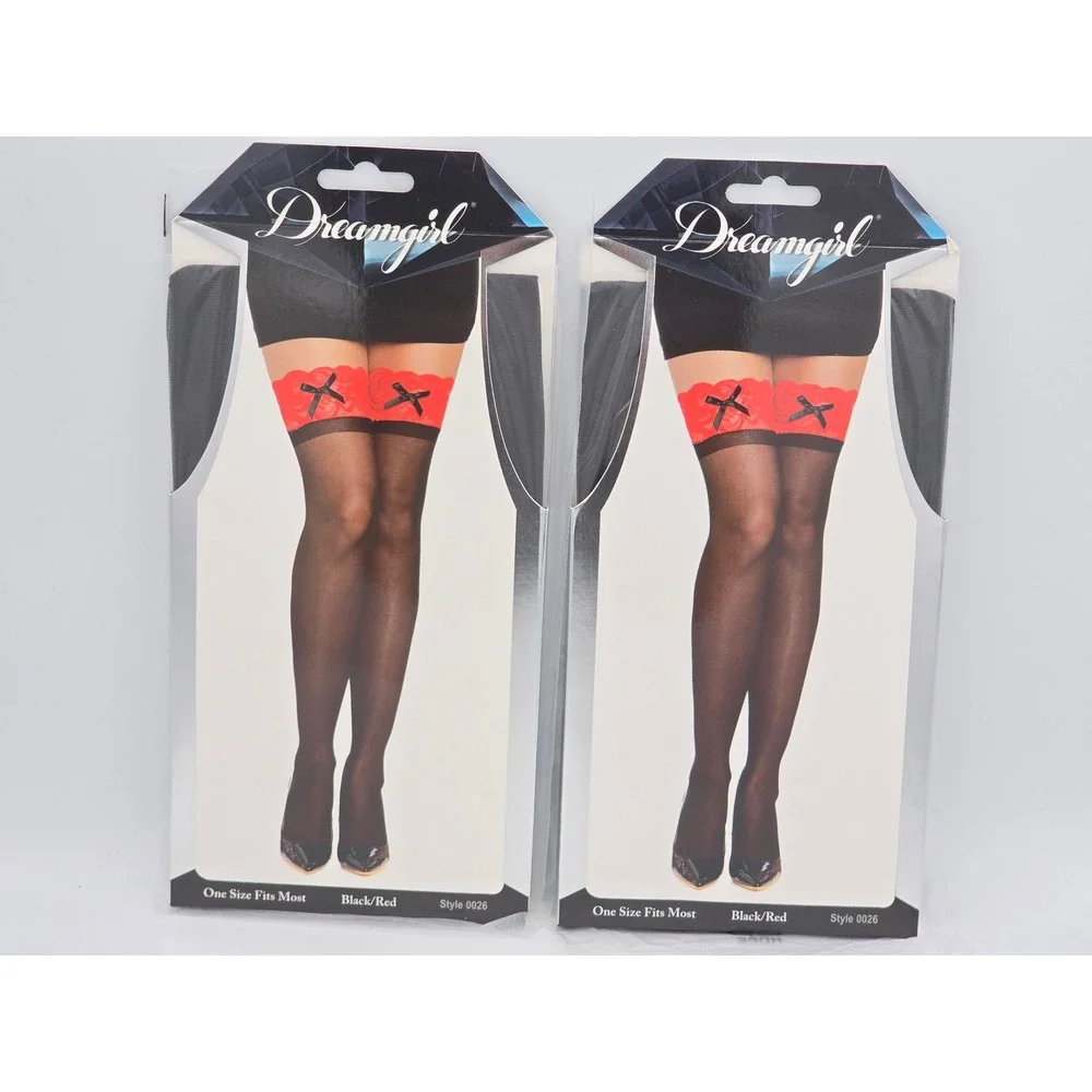 Dreamgirl Thigh High Stockings Womens OSFM Black Red Contrast Lace Bows -New